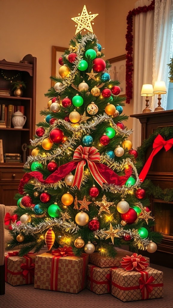 Classic 1950s Christmas Tree Decoration A 1950s style Christmas tree decorated with bubble lights, glass ornaments, and tinsel in a vintage living room.